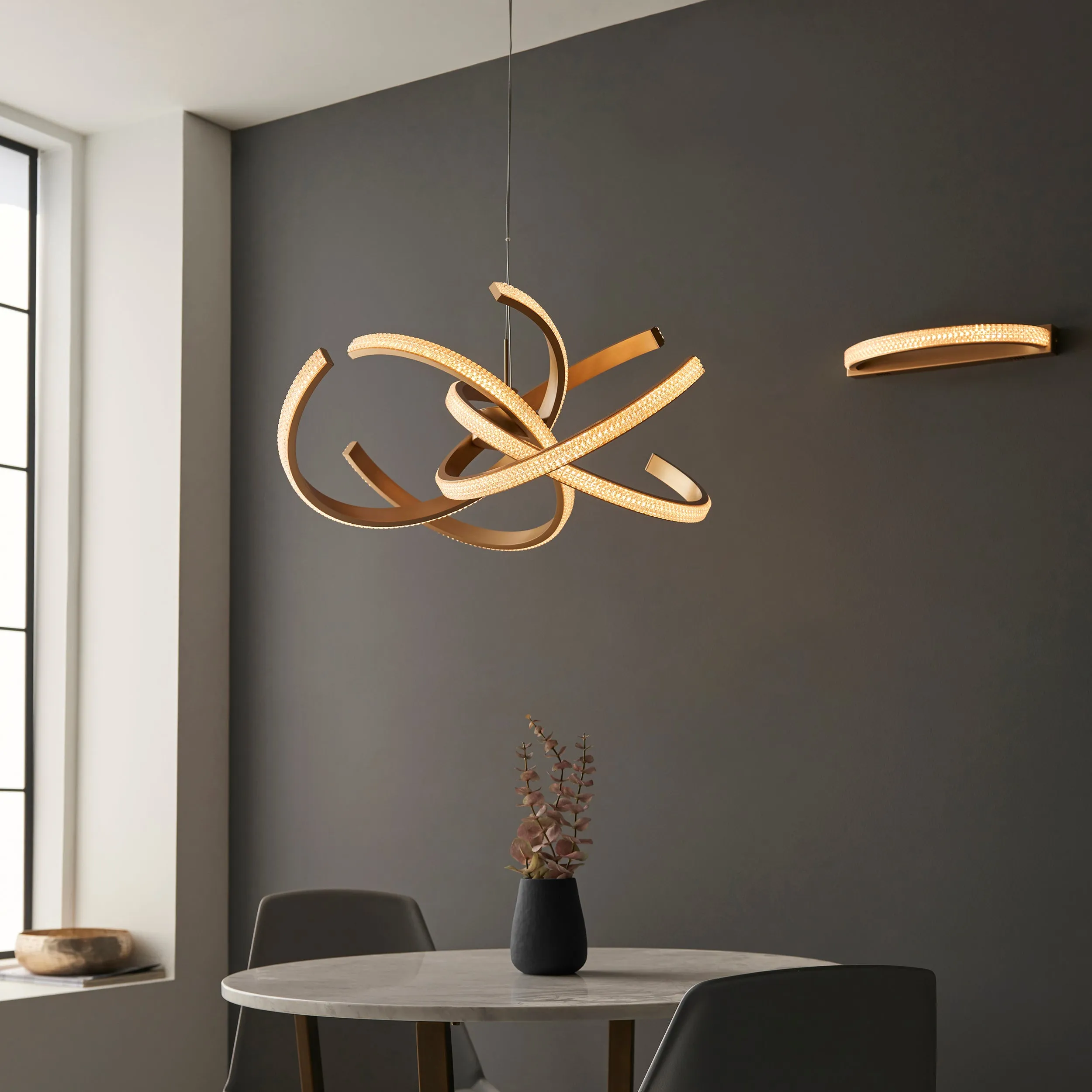 Endon 97614 Lorenzo 4lt Pendant Satin gold paint & clear acrylic 4 x 12W LED tape module (SMD 2835) Warm White