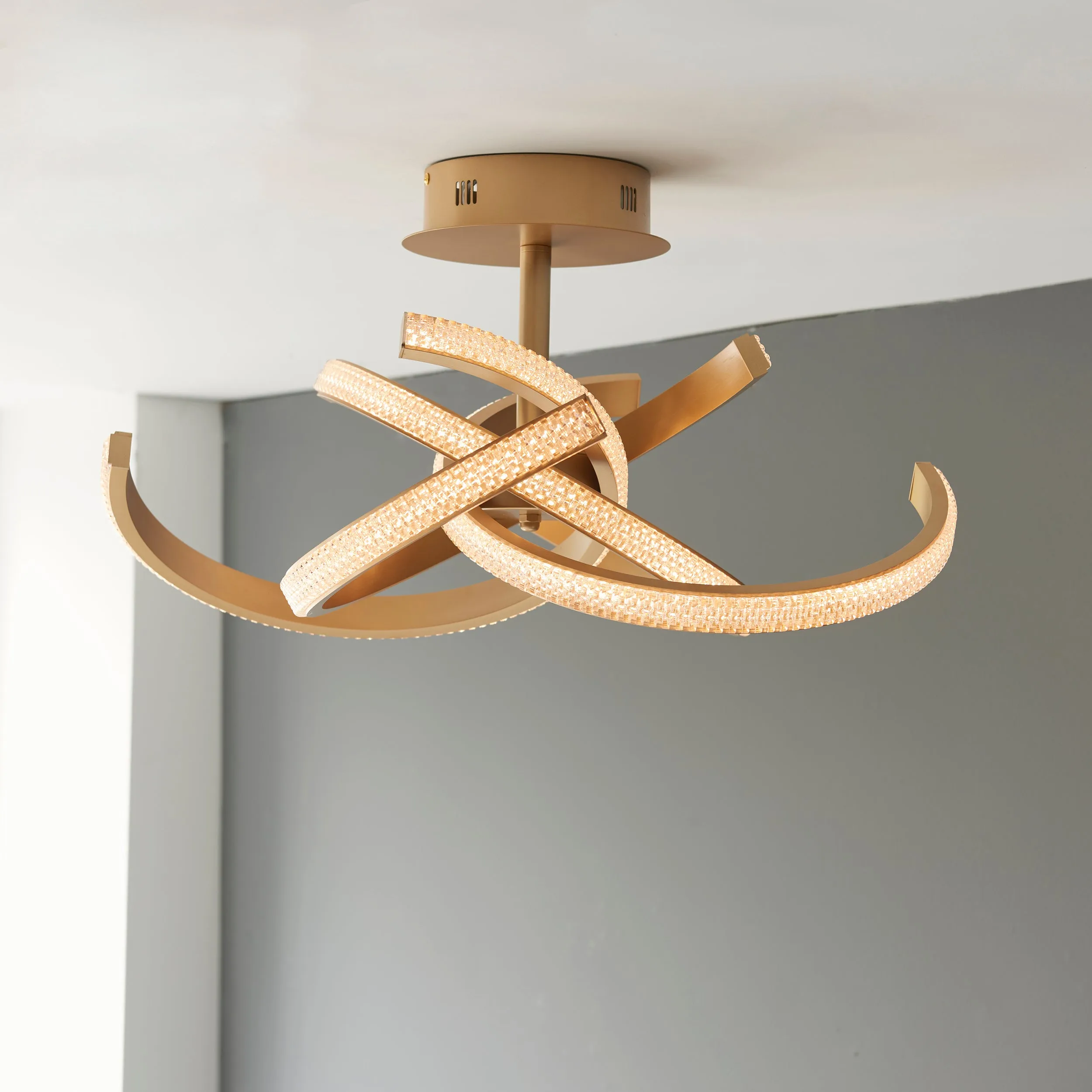 Endon 97617 Lorenzo 4lt Semi flush Satin gold paint & clear acrylic 4 x 10.5W LED tape module (SMD 2835) Warm White