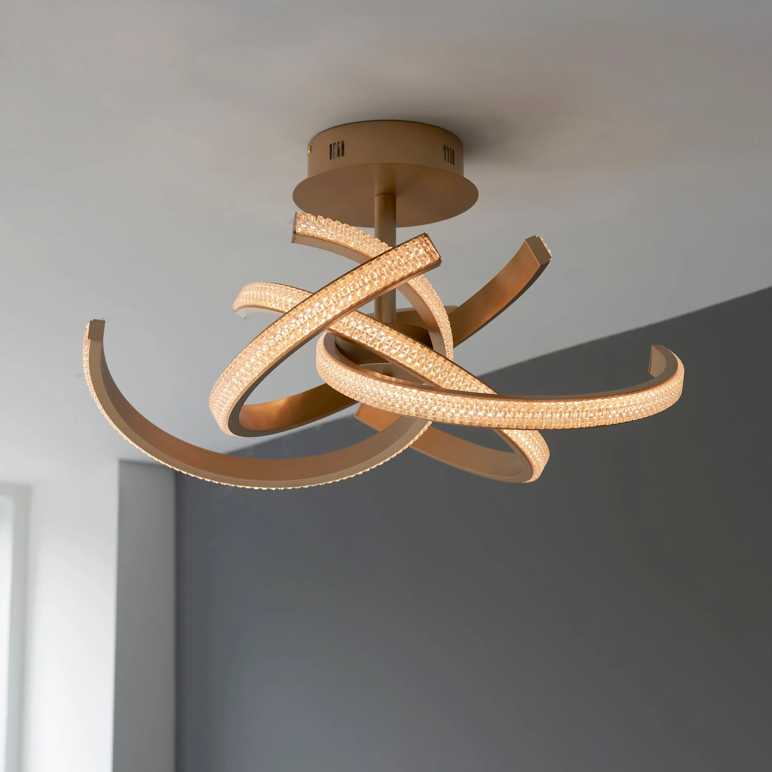 Endon 97617 Lorenzo 4lt Semi flush Satin gold paint & clear acrylic 4 x 10.5W LED tape module (SMD 2835) Warm White
