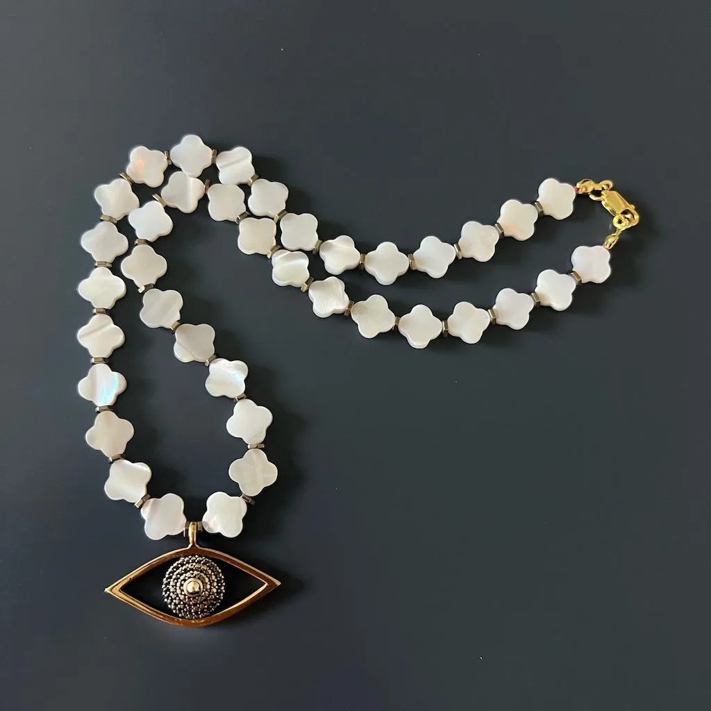 Evil Eye Pendant Pearl Clover Beaded Protection Necklace