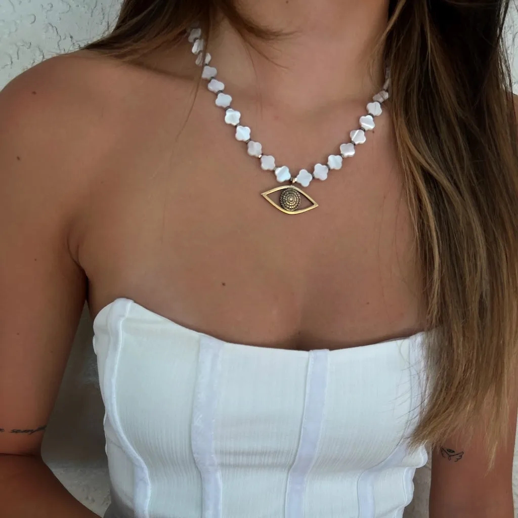 Evil Eye Pendant Pearl Clover Beaded Protection Necklace