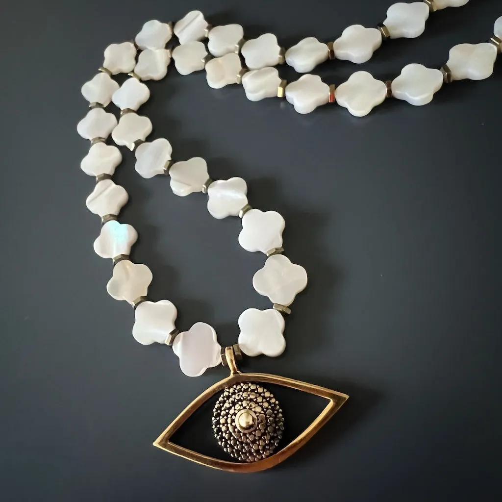 Evil Eye Pendant Pearl Clover Beaded Protection Necklace