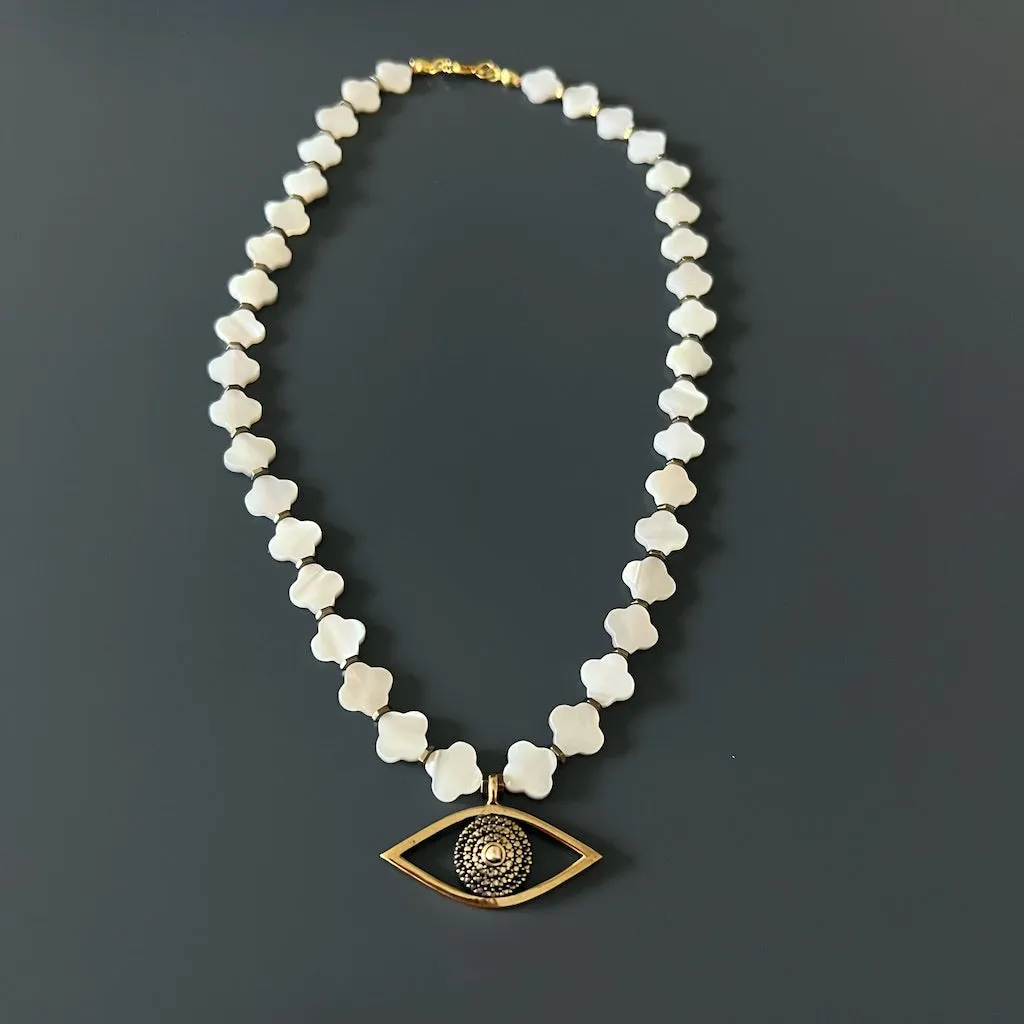 Evil Eye Pendant Pearl Clover Beaded Protection Necklace