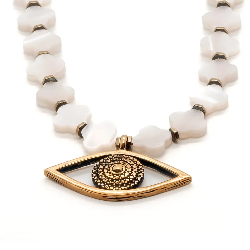 Evil Eye Pendant Pearl Clover Beaded Protection Necklace