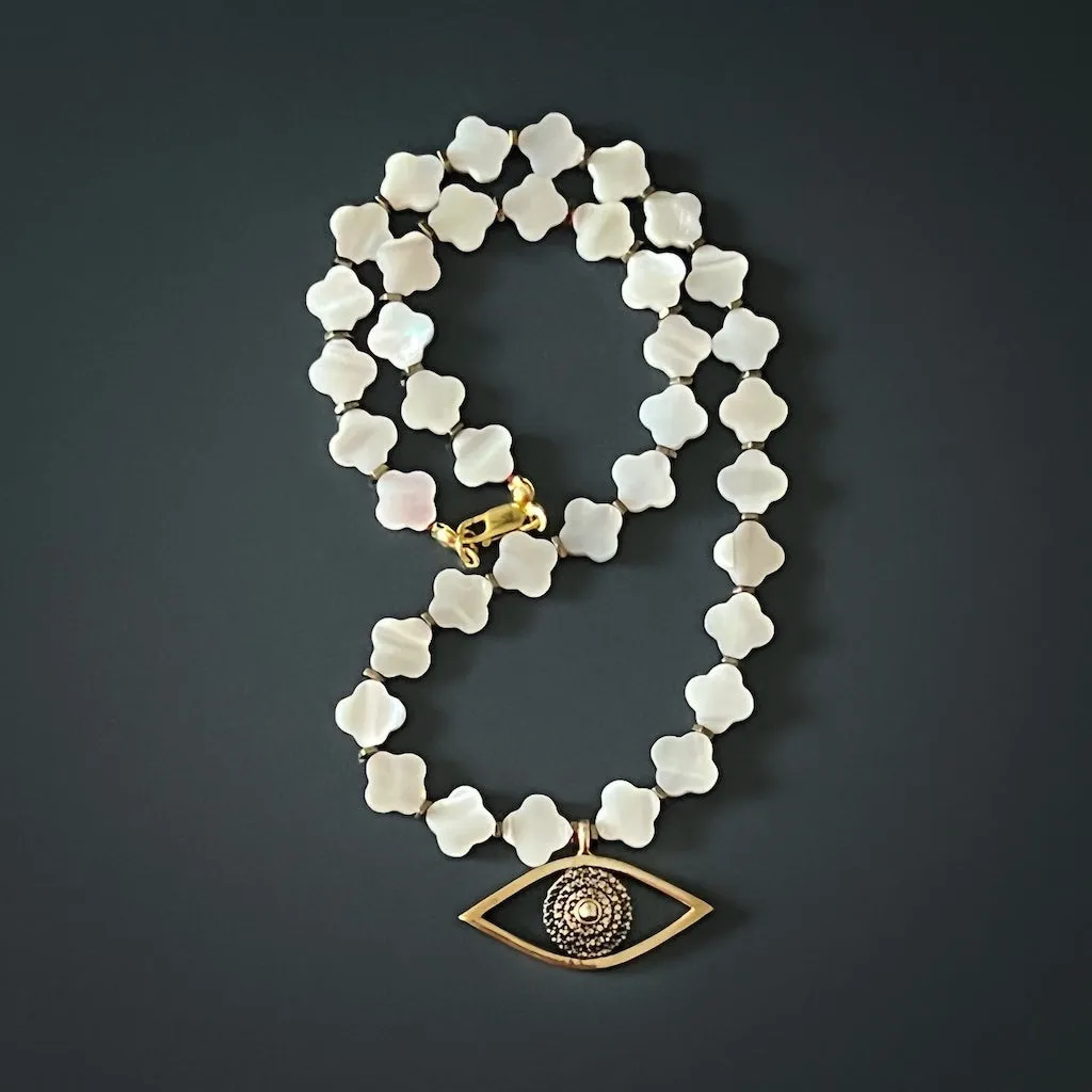 Evil Eye Pendant Pearl Clover Beaded Protection Necklace