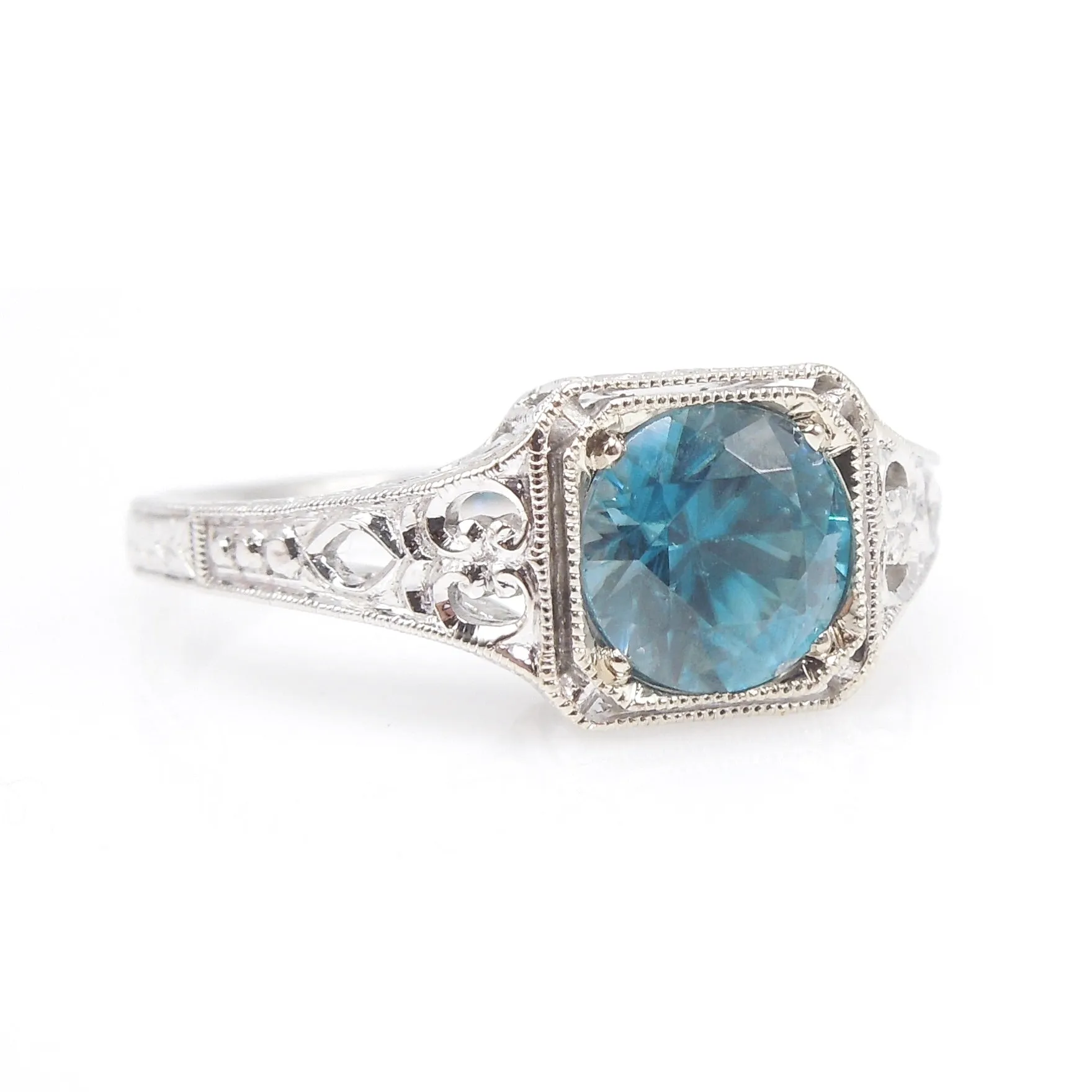Filigreed Art Deco Style Ring in White Gold with 1.66ct Blue Zircon