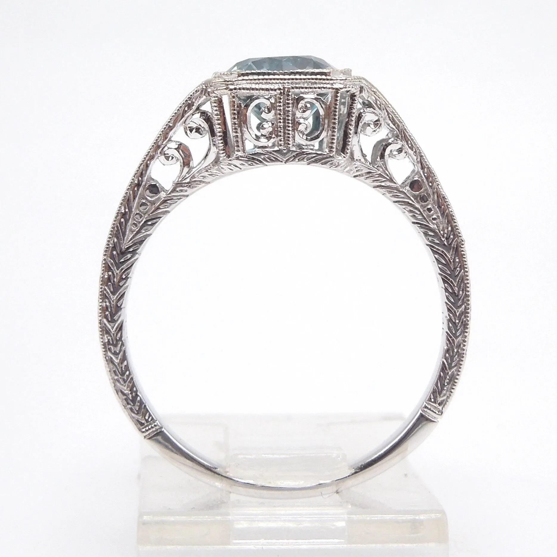 Filigreed Art Deco Style Ring in White Gold with 1.66ct Blue Zircon