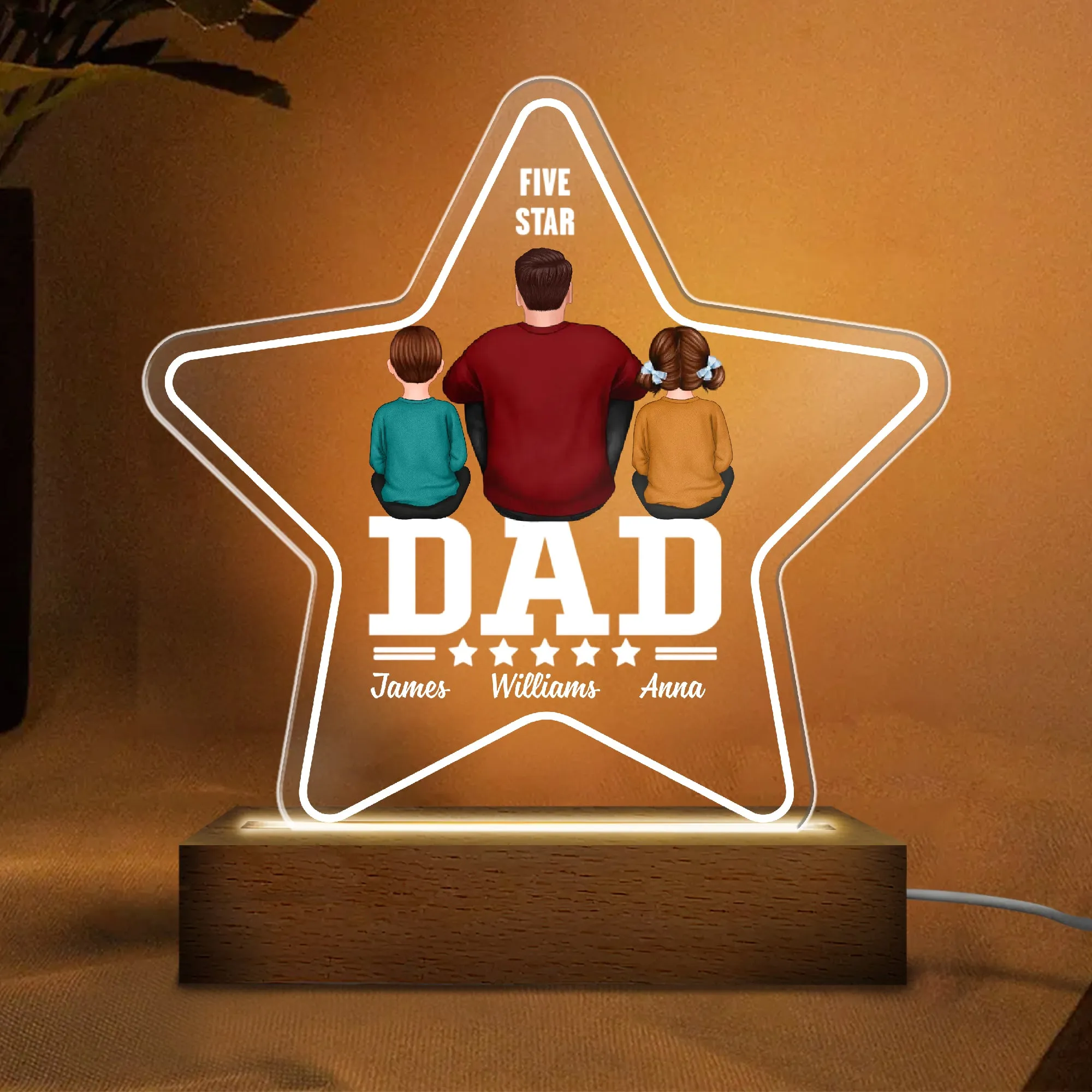 Five - Star Dad Back View Dad And Kids Personalized Acrylic Custom Shape LED Night Light