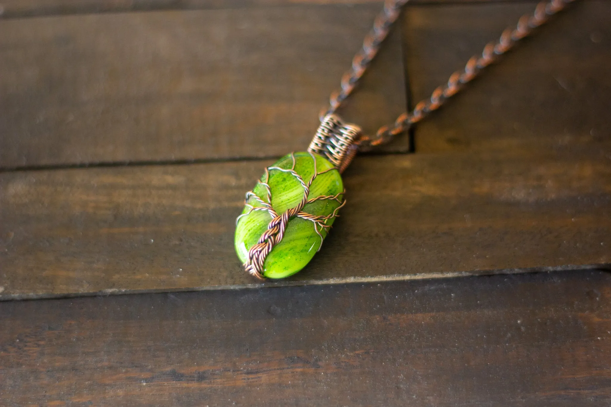 Glittery Light Green Dichroic Fused Glass Pendant with Copper Tree of Life