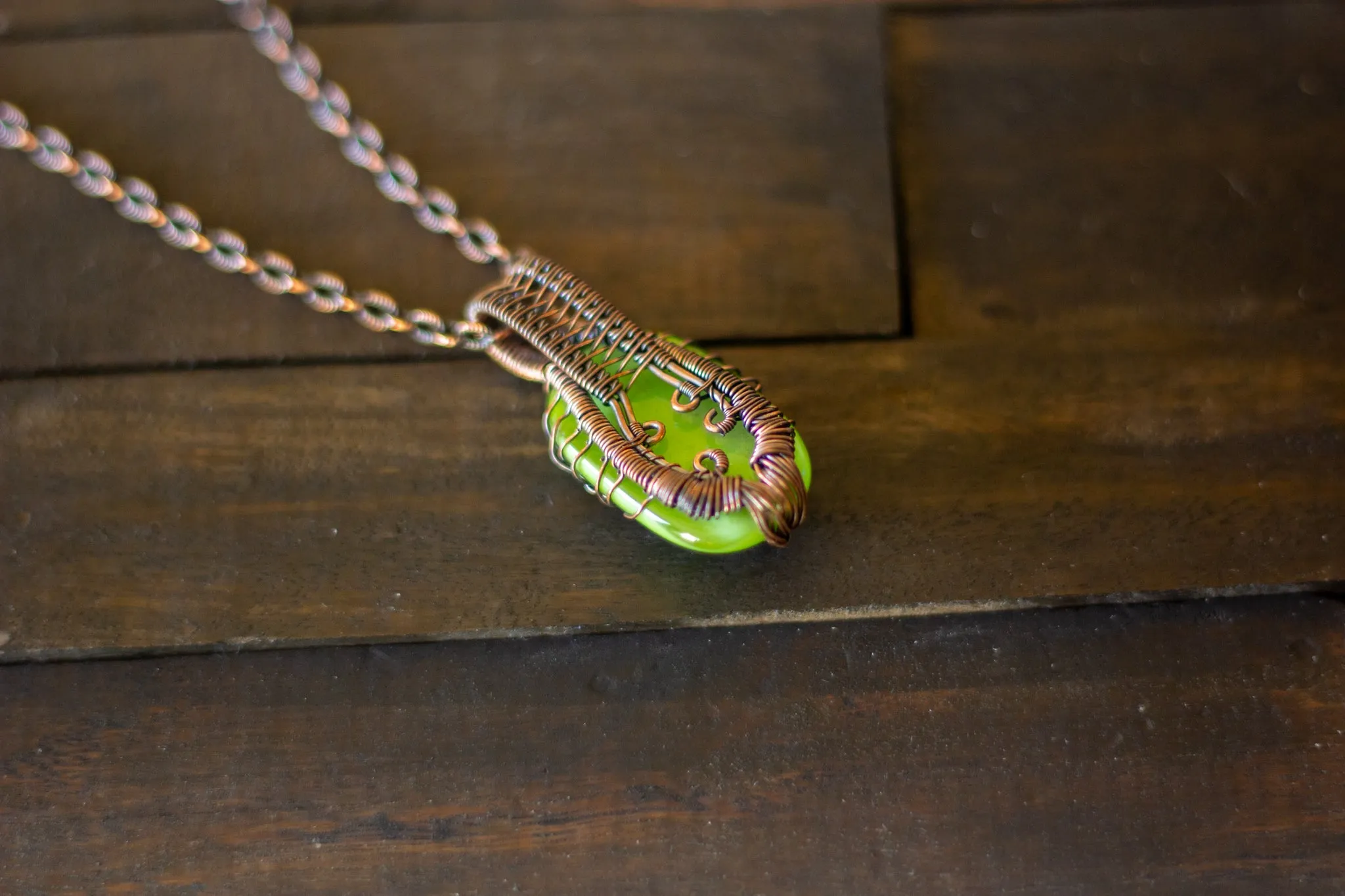 Glittery Light Green Dichroic Fused Glass Pendant with Copper Tree of Life