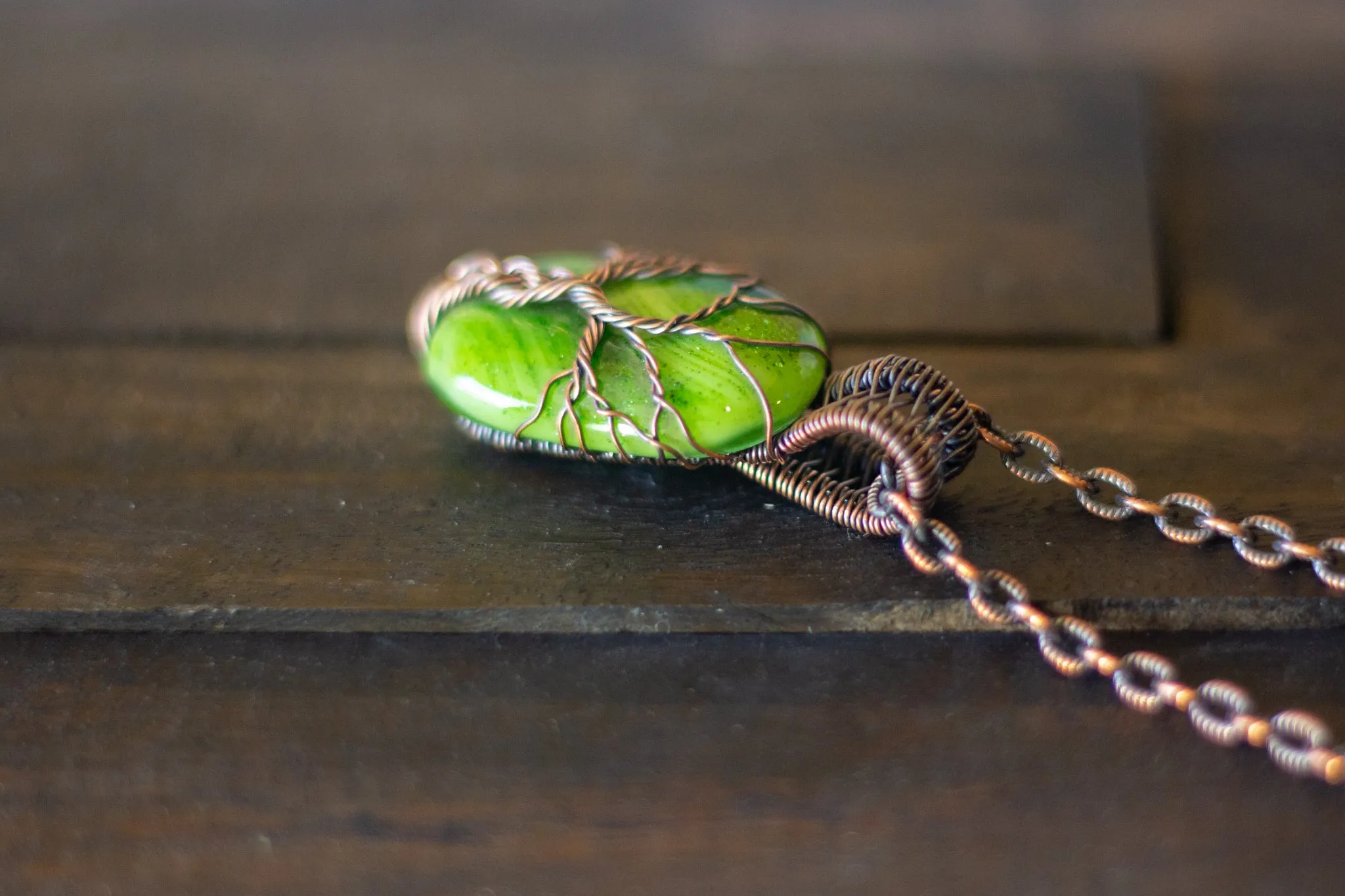 Glittery Light Green Dichroic Fused Glass Pendant with Copper Tree of Life