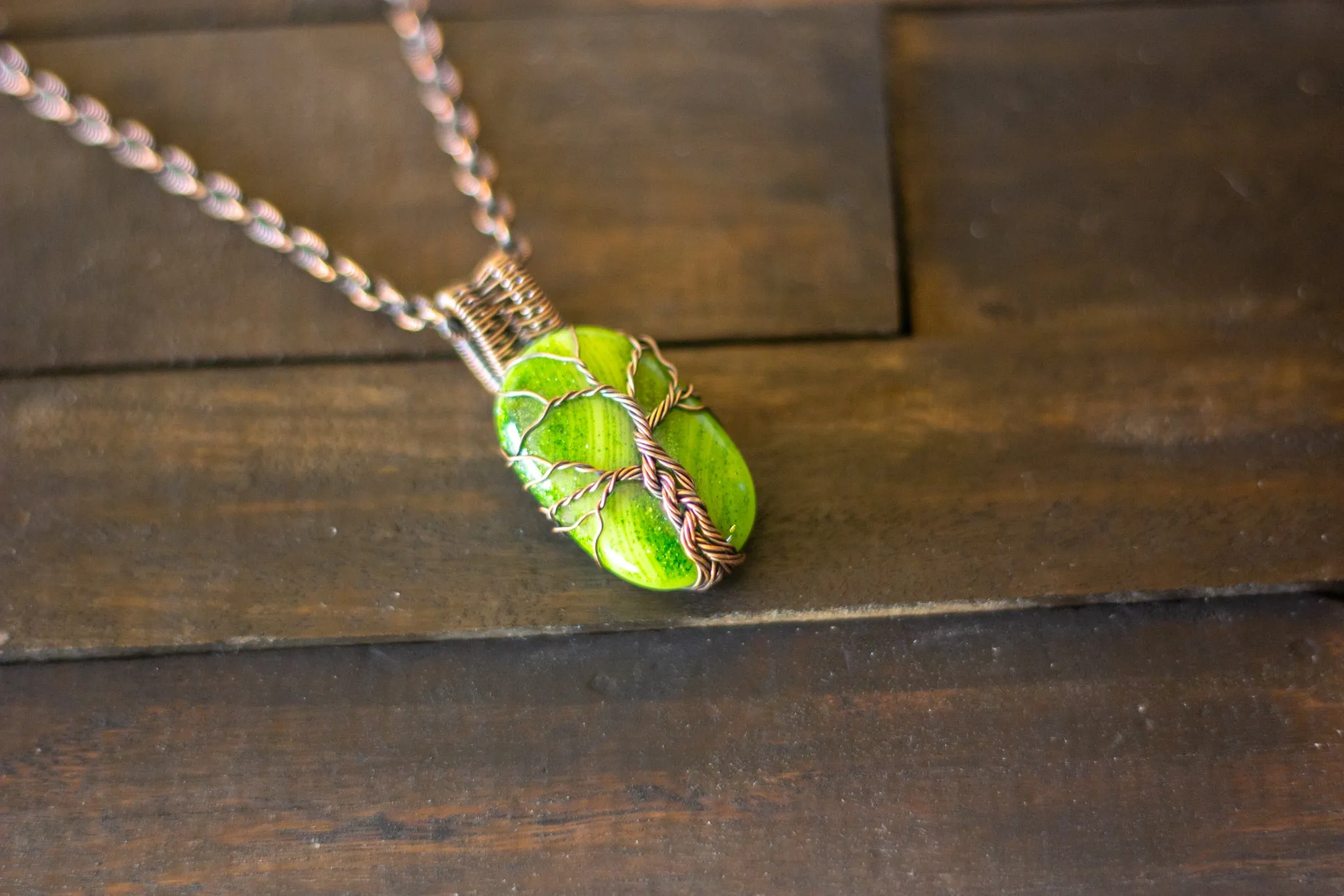 Glittery Light Green Dichroic Fused Glass Pendant with Copper Tree of Life
