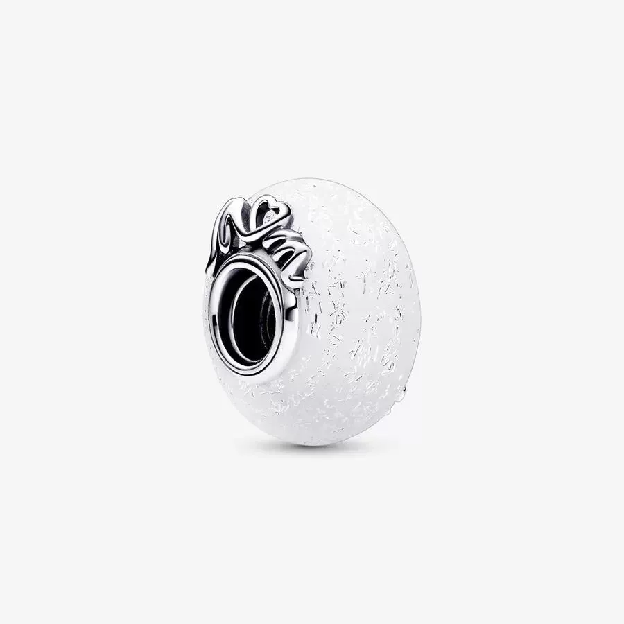 Glittery White Murano Glass Mom & Love Silver Charm