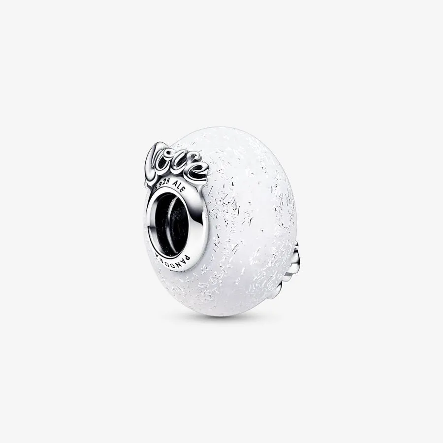 Glittery White Murano Glass Mom & Love Silver Charm