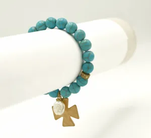 Gold Matte Cross pendant with Mother of Pearl charm Turquoise Beads Stretch Bracelet #SB38212 (QB2)