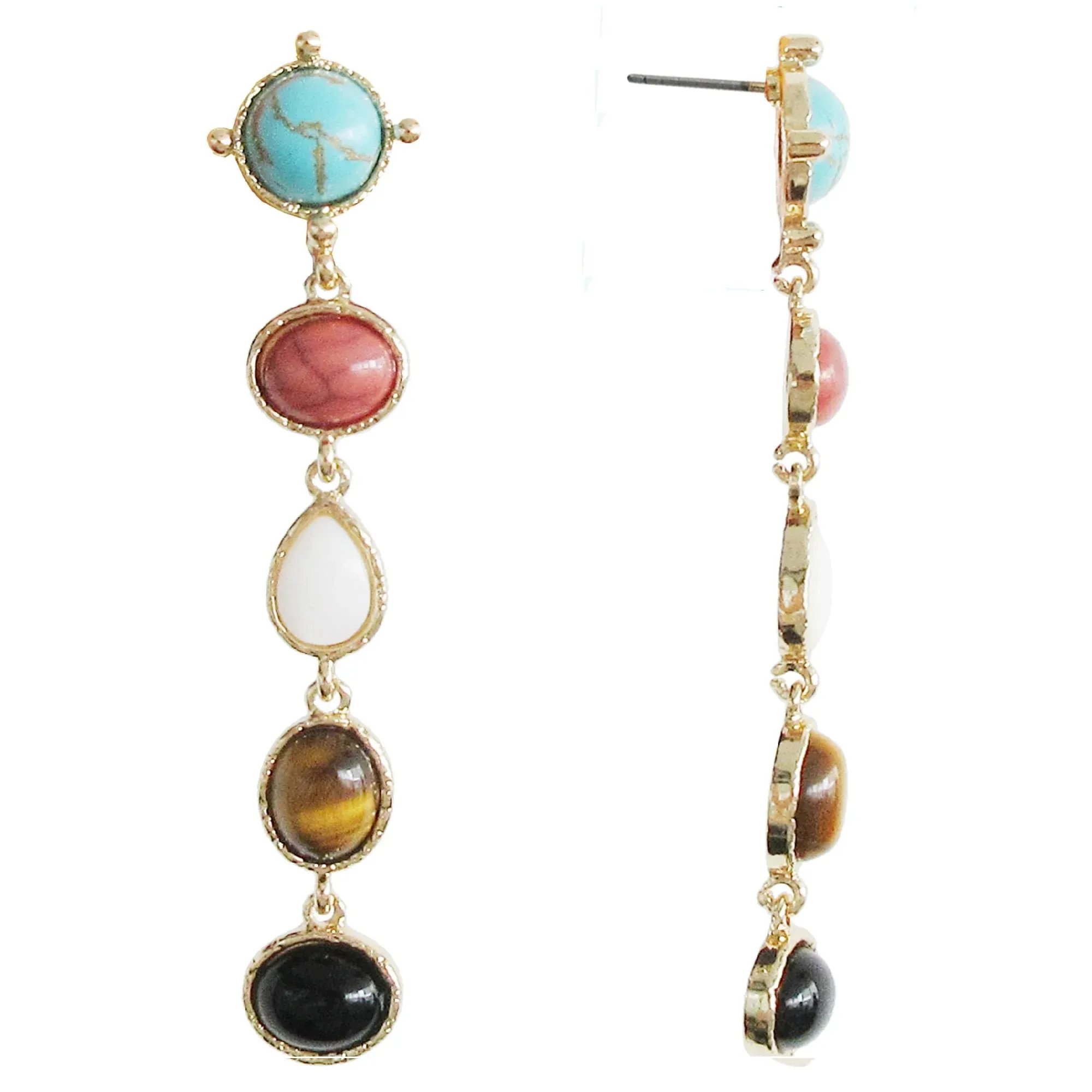 Gold Multi Turquoise, Tiger's Eye and Mother Of Pearl Drop Earrings #GFE5731-1(NC17)
