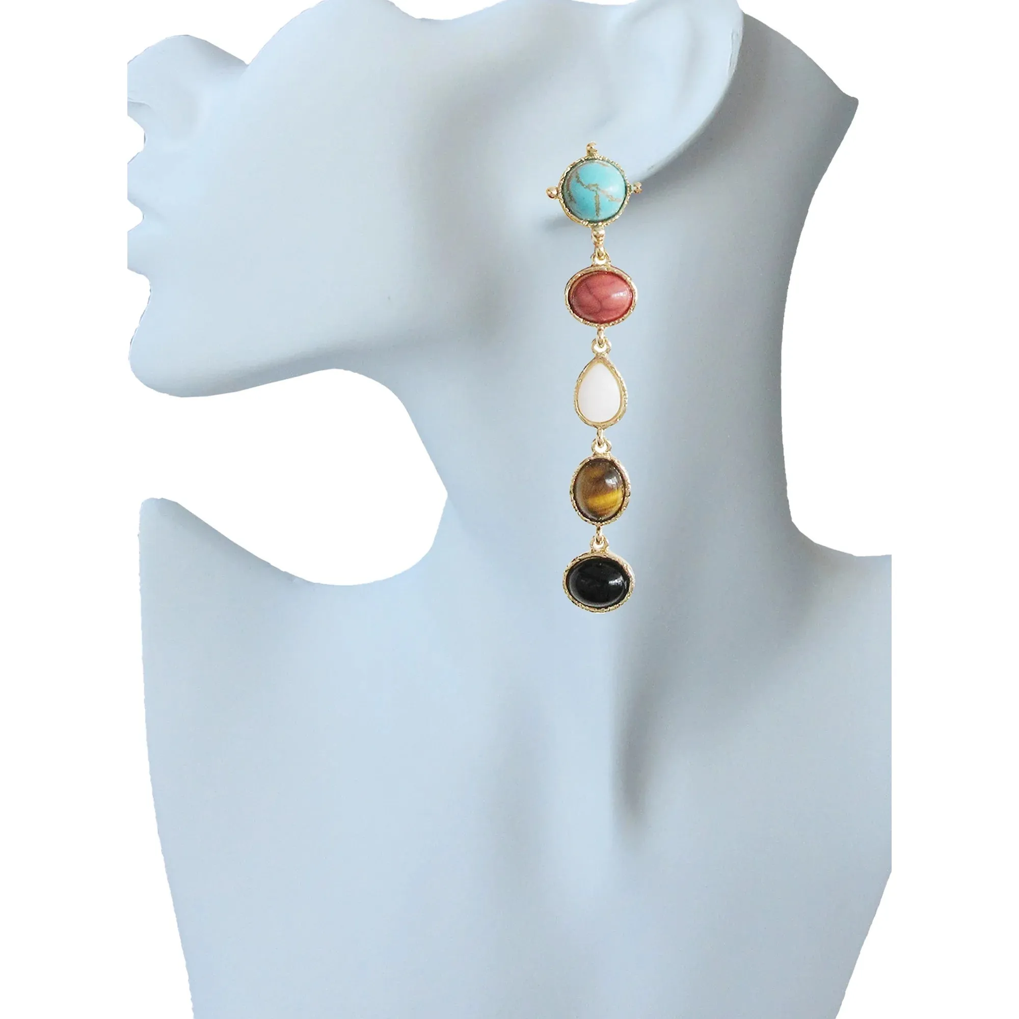 Gold Multi Turquoise, Tiger's Eye and Mother Of Pearl Drop Earrings #GFE5731-1(NC17)