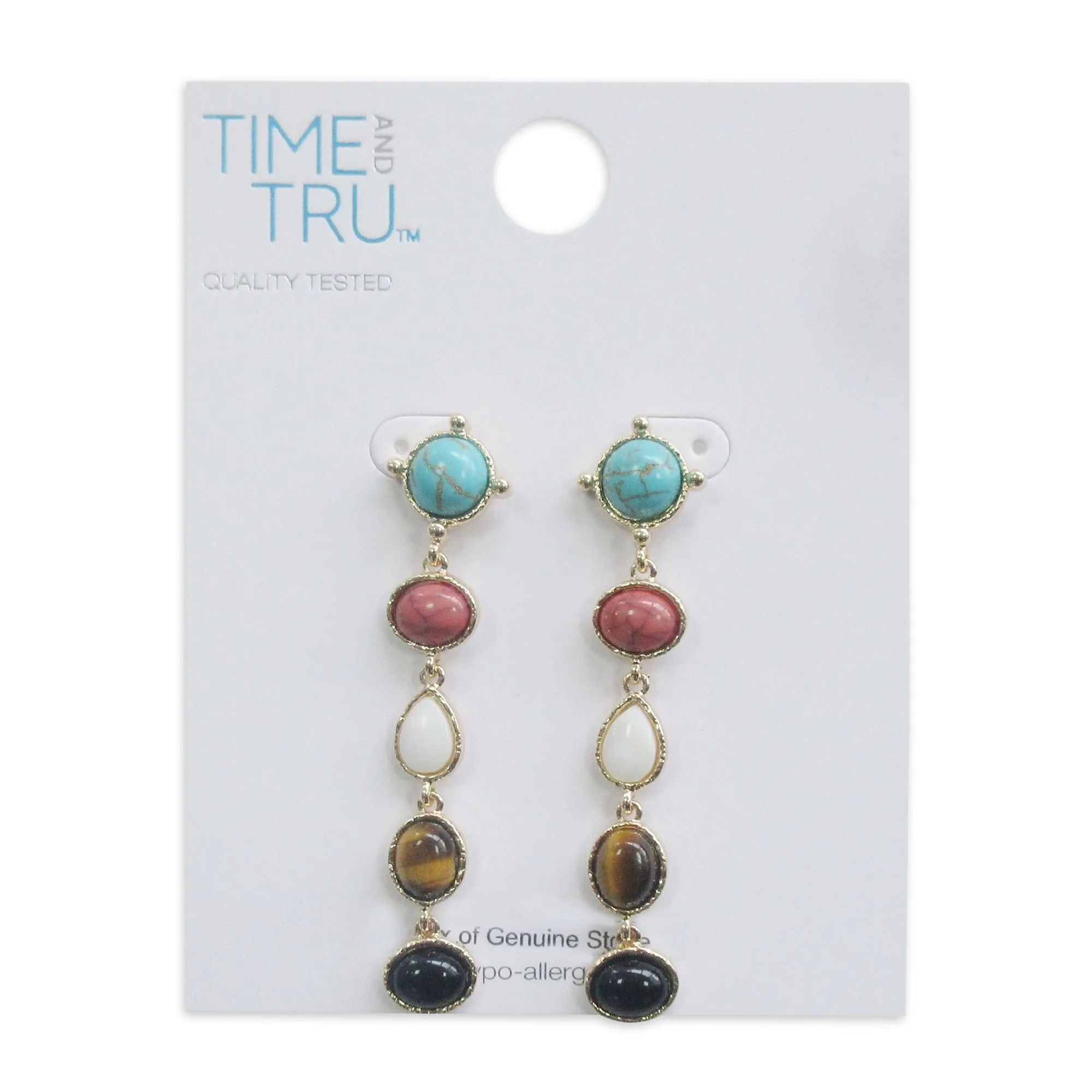 Gold Multi Turquoise, Tiger's Eye and Mother Of Pearl Drop Earrings #GFE5731-1(NC17)
