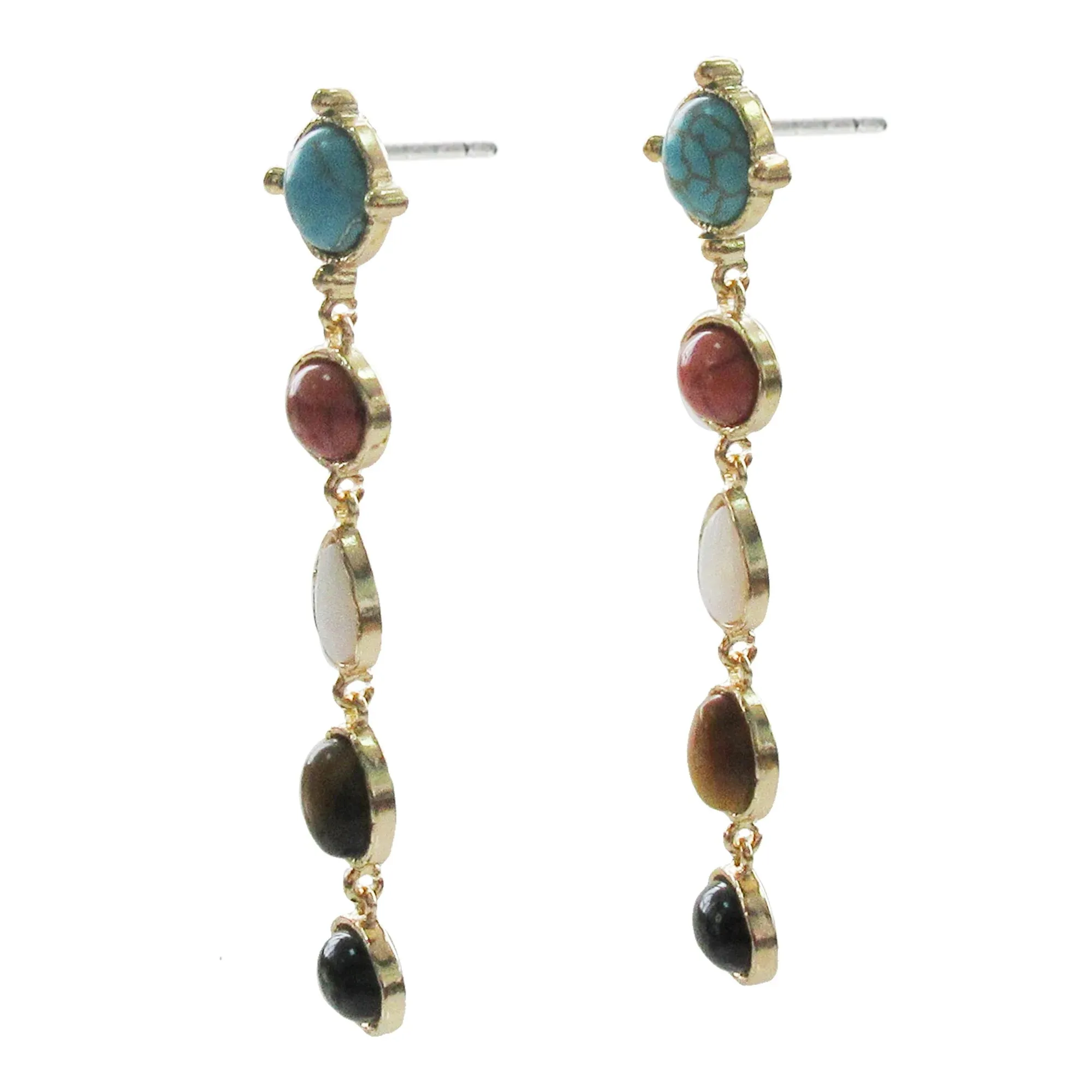 Gold Multi Turquoise, Tiger's Eye and Mother Of Pearl Drop Earrings #GFE5731-1(NC17)