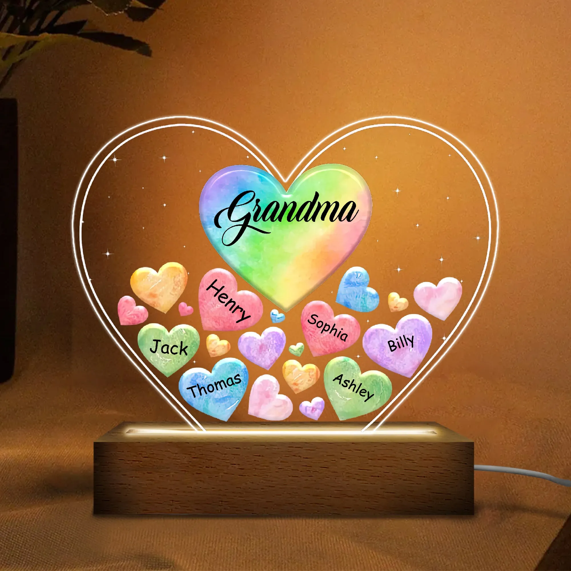 Grandma Mom Hearts In Heart Personalized Acrylic Heart LED Night Light