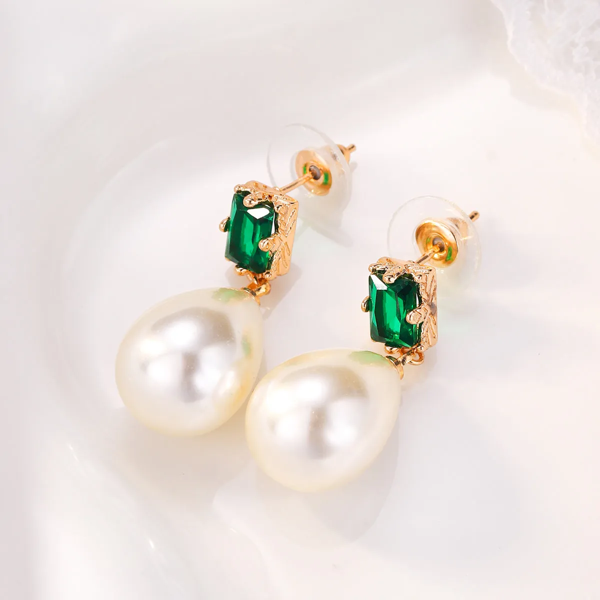 Green Crystal & Pearl 18K Gold-Plated Drop Earrings