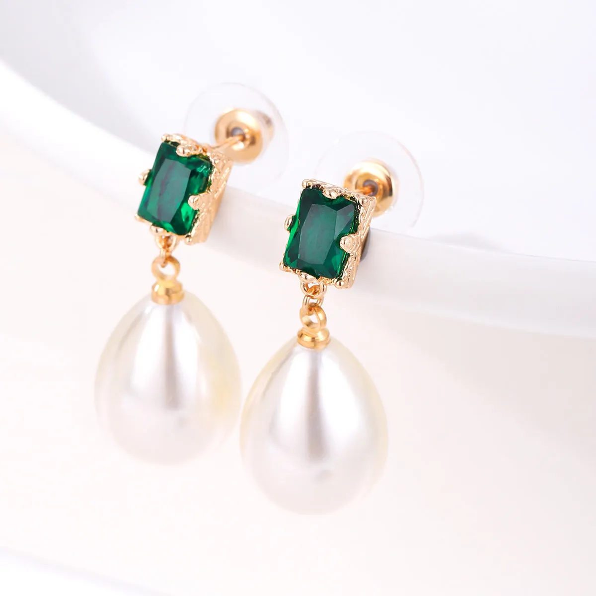 Green Crystal & Pearl 18K Gold-Plated Drop Earrings