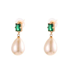 Green Crystal & Pearl 18K Gold-Plated Drop Earrings