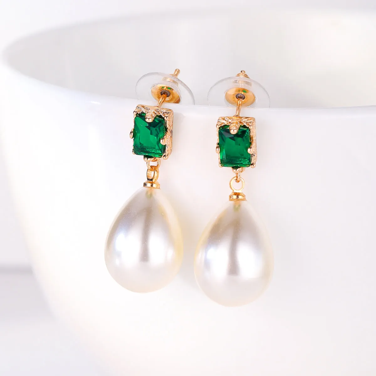 Green Crystal & Pearl 18K Gold-Plated Drop Earrings