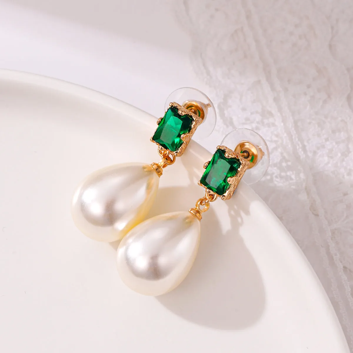 Green Crystal & Pearl 18K Gold-Plated Drop Earrings