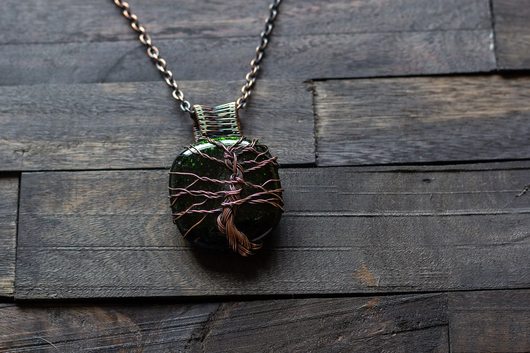 Green Dichroic Fused Glass Pendant with Copper Tree of Life