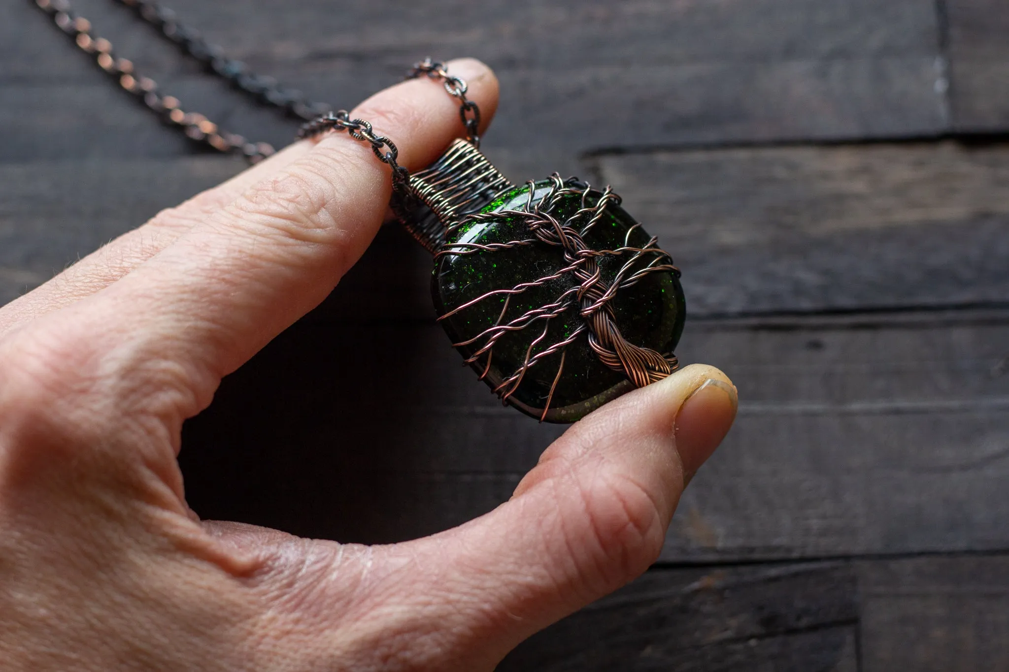Green Dichroic Fused Glass Pendant with Copper Tree of Life