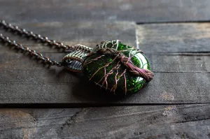 Green Dichroic Fused Glass Pendant with Copper Tree of Life