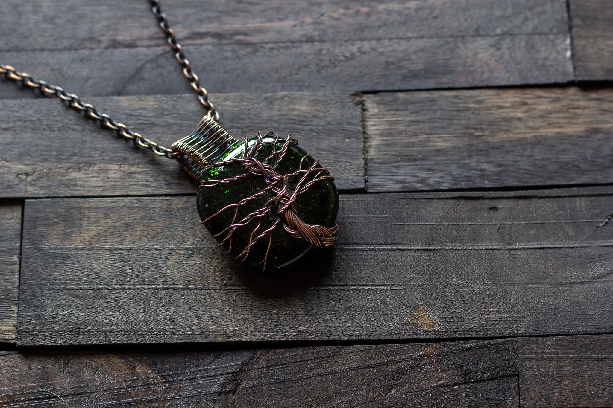 Green Dichroic Fused Glass Pendant with Copper Tree of Life