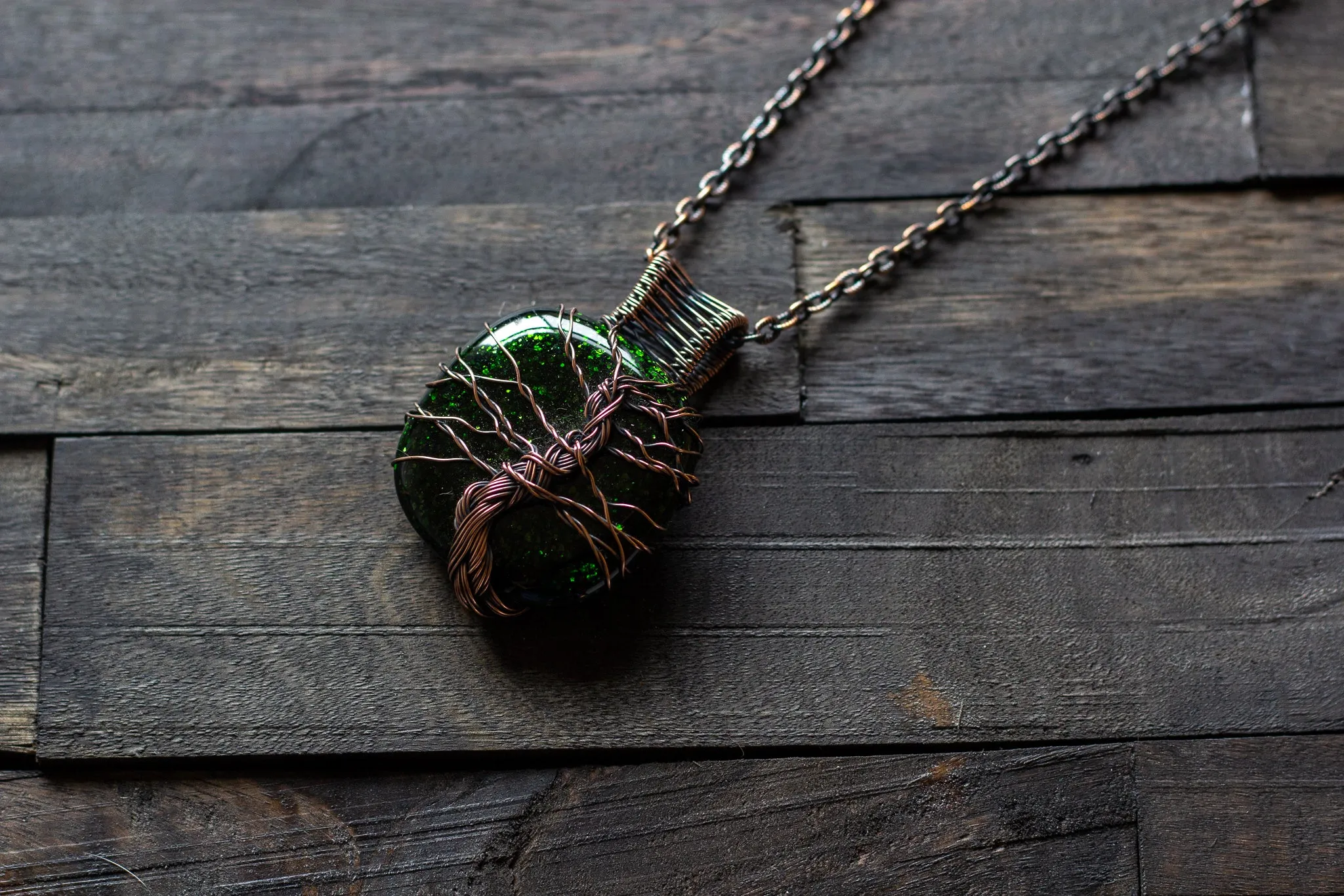 Green Dichroic Fused Glass Pendant with Copper Tree of Life