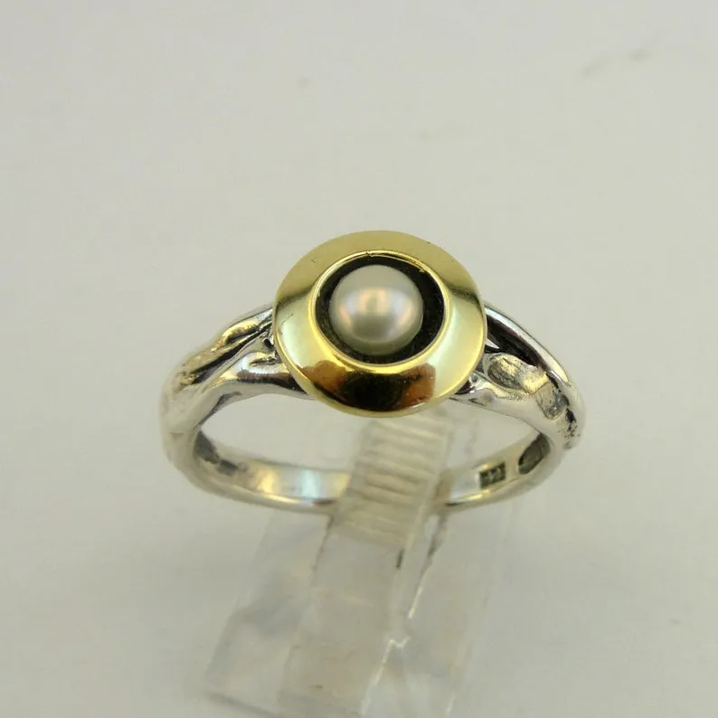 Hadar Designers Pearl Ring, Handmade 9k Yellow Gold 925 Silver (MS