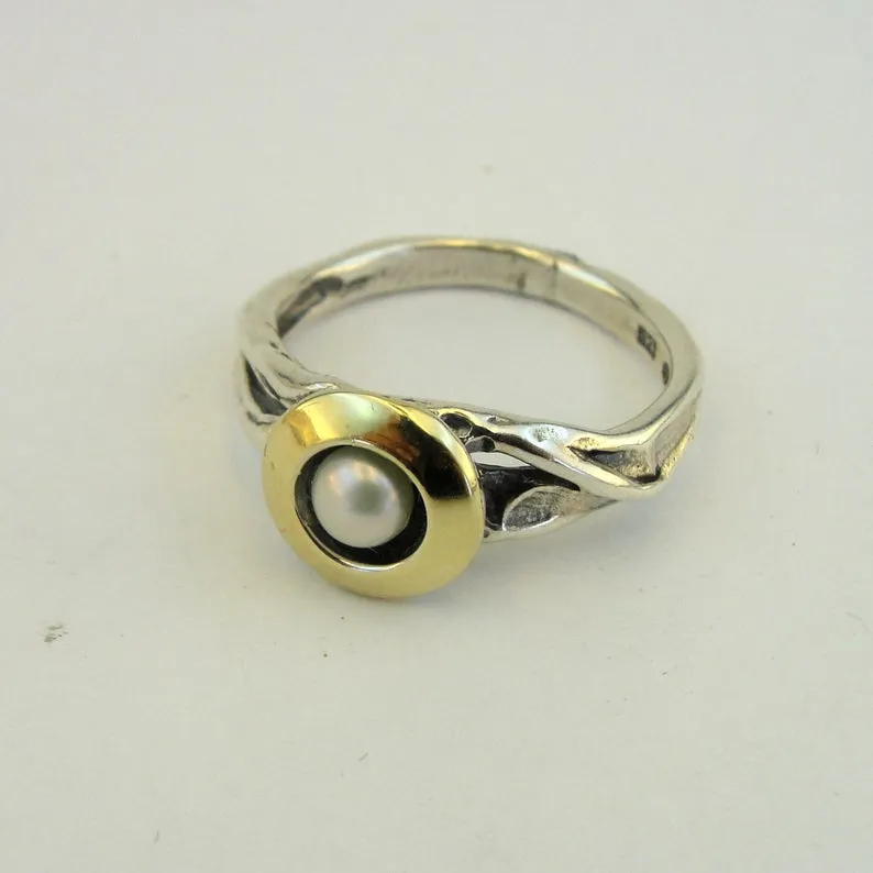 Hadar Designers Pearl Ring, Handmade 9k Yellow Gold 925 Silver (MS