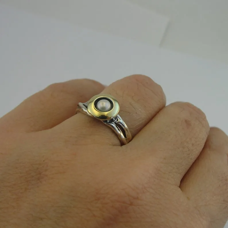Hadar Designers Pearl Ring, Handmade 9k Yellow Gold 925 Silver (MS