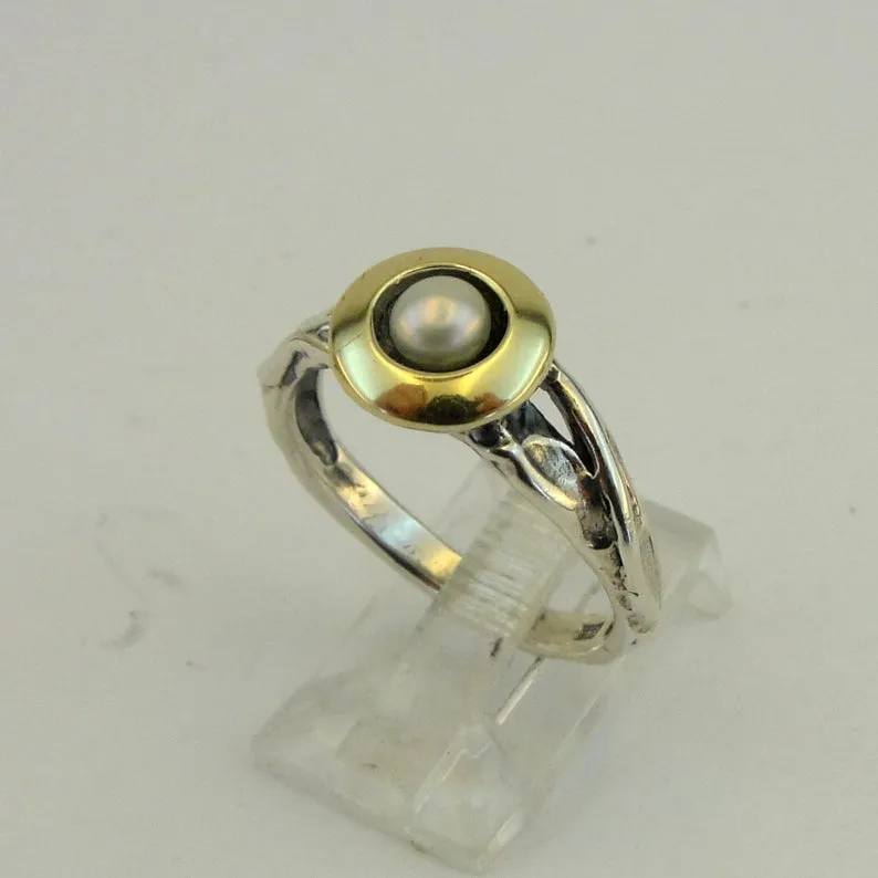 Hadar Designers Pearl Ring, Handmade 9k Yellow Gold 925 Silver (MS