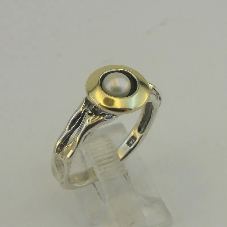 Hadar Designers Pearl Ring, Handmade 9k Yellow Gold 925 Silver (MS