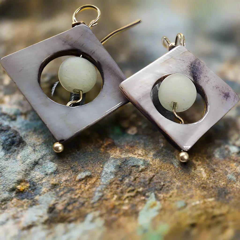 Handmade Beautiful Square-Shaped Earrings with Aventurine & Mother of Pearl – Elegant S-Shape Design✨