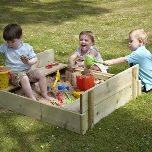 Large Childrens Eco Conscious FSC Certified 100% Natural Wooden Sandpit with Lid, Seats & Base Liner | 2-12 years | 1.2 x 1.14m Square
