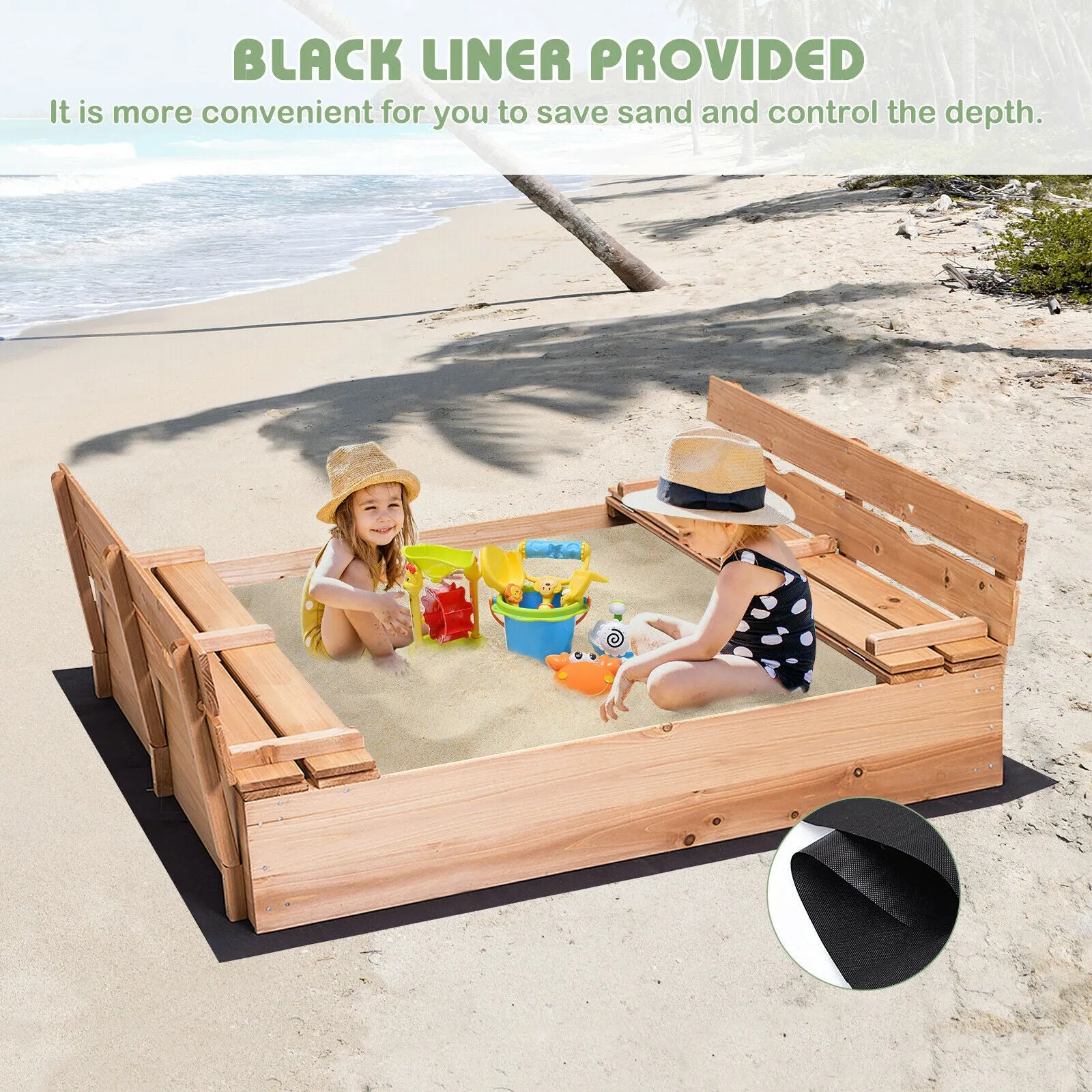 Large Childrens Eco Conscious FSC Certified 100% Natural Wooden Sandpit with Lid, Seats & Base Liner | 2-12 years | 1.2 x 1.14m Square