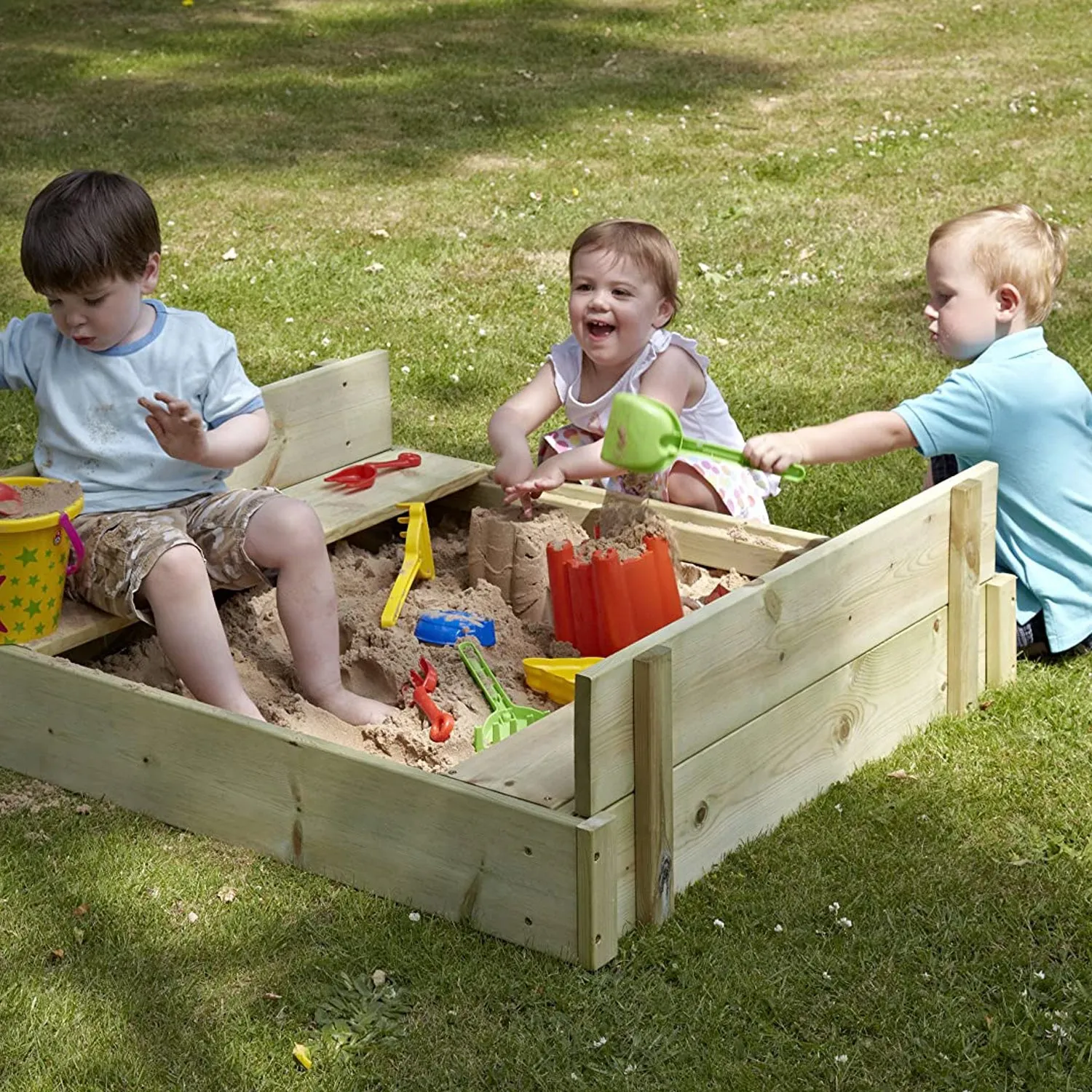 Large Childrens Eco Conscious FSC Certified 100% Natural Wooden Sandpit with Lid, Seats & Base Liner | 2-12 years | 1.2 x 1.14m Square