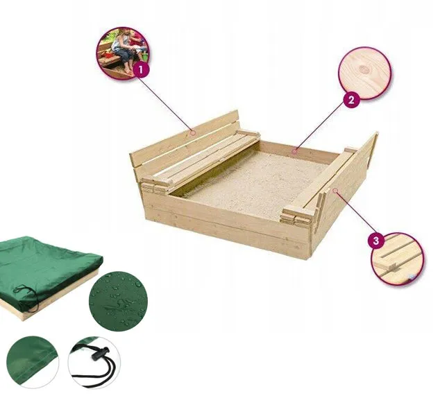 Large Childrens Eco Conscious FSC Certified 100% Natural Wooden Sandpit with Lid, Seats & Base Liner | 2-12 years | 1.2 x 1.14m Square