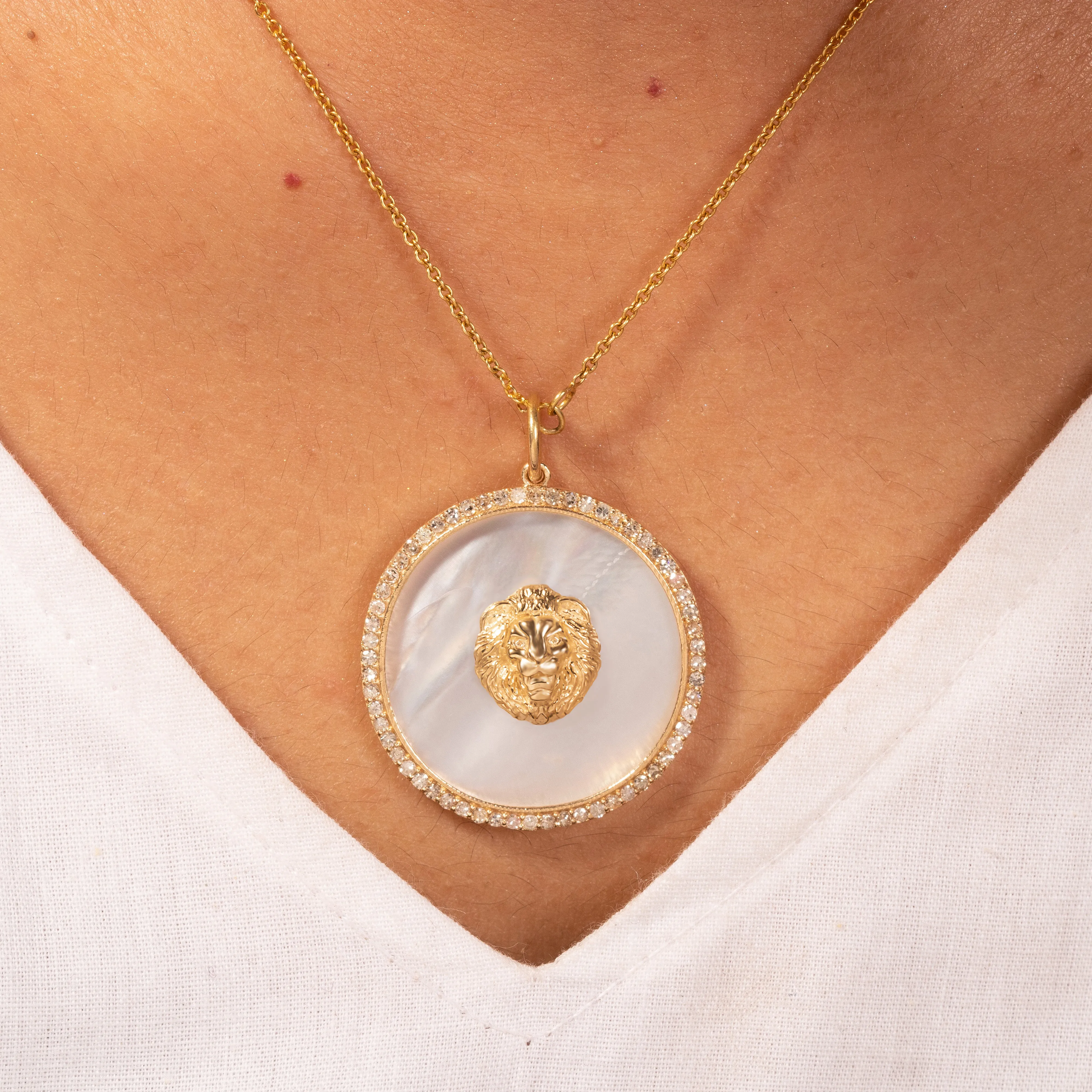 Lion Face Gold Pendant With Mother Of Pearl