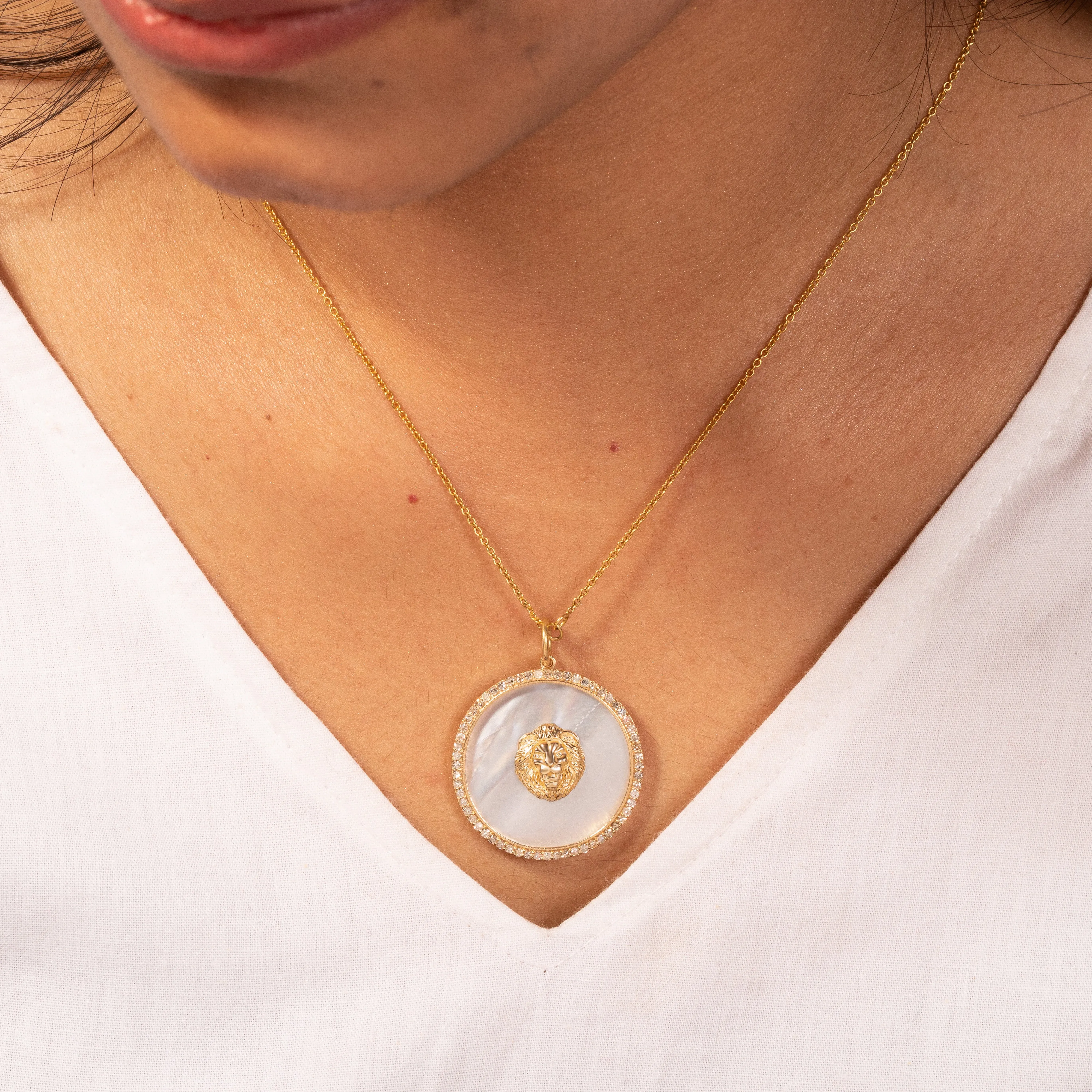 Lion Face Gold Pendant With Mother Of Pearl