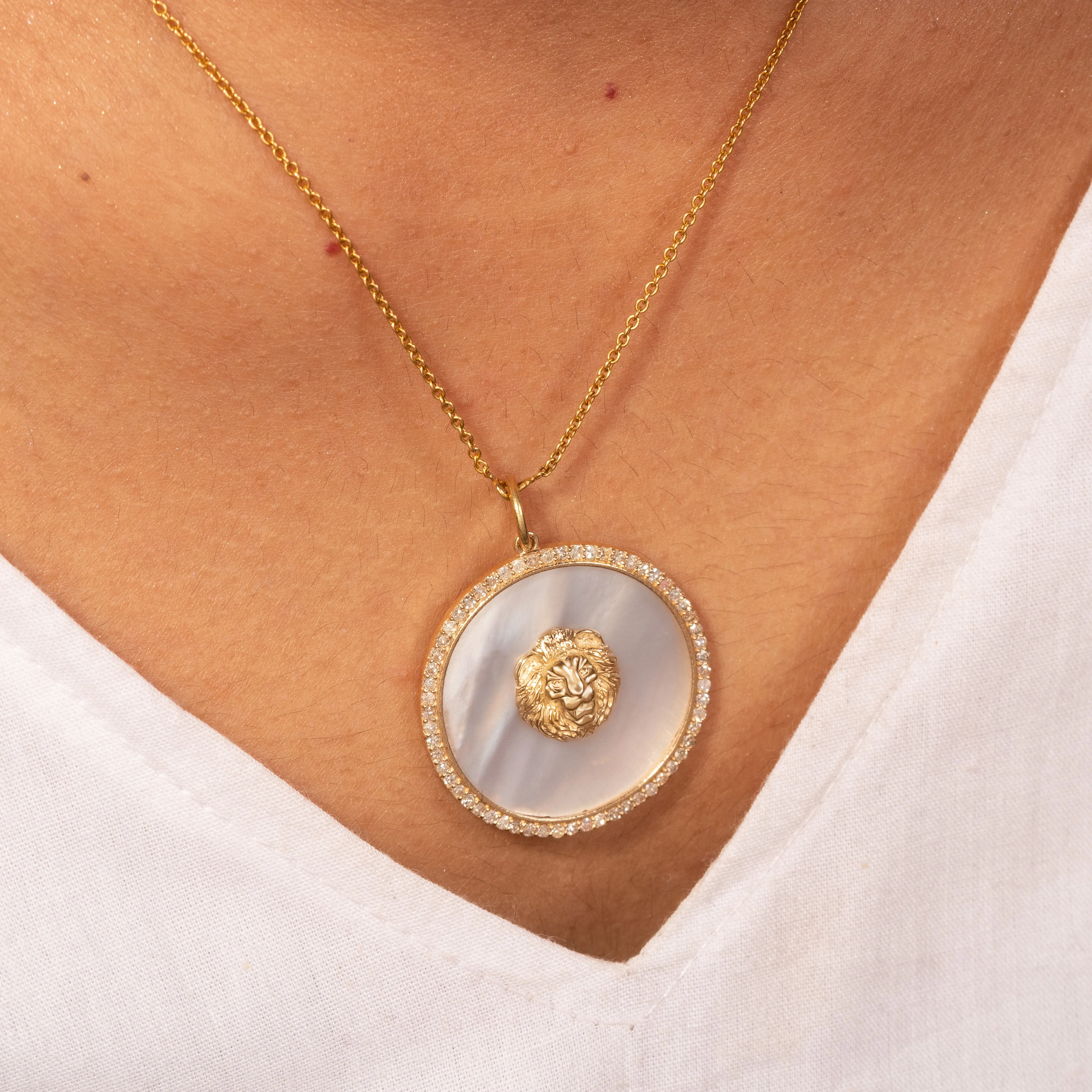 Lion Face Gold Pendant With Mother Of Pearl