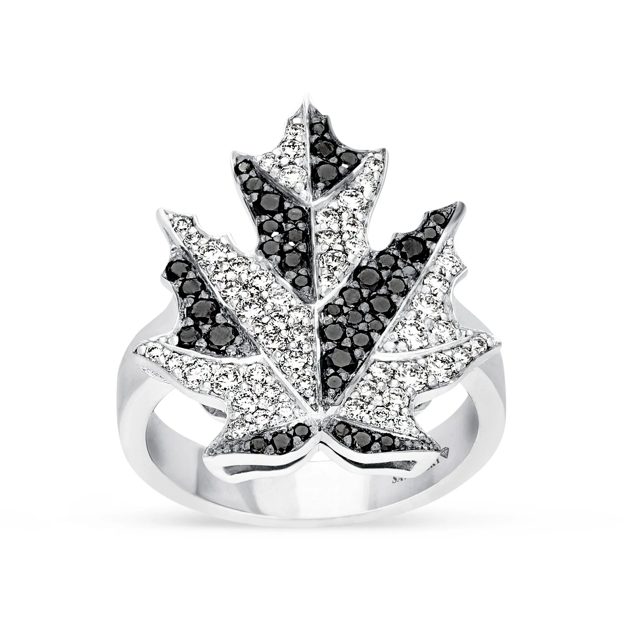 Maple Leaf Ring in Black White Diamonds