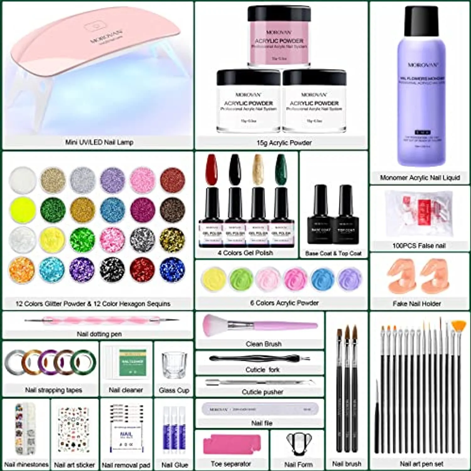 Morovan Acrylic Nail Kit - 30 Colors Nails Kit Acrylic Set with Everything for Beginners Glitter Acrylic Powder Monomer Acrylic Nail Supplies Nail Extension Kit Nail Art Starter Kit