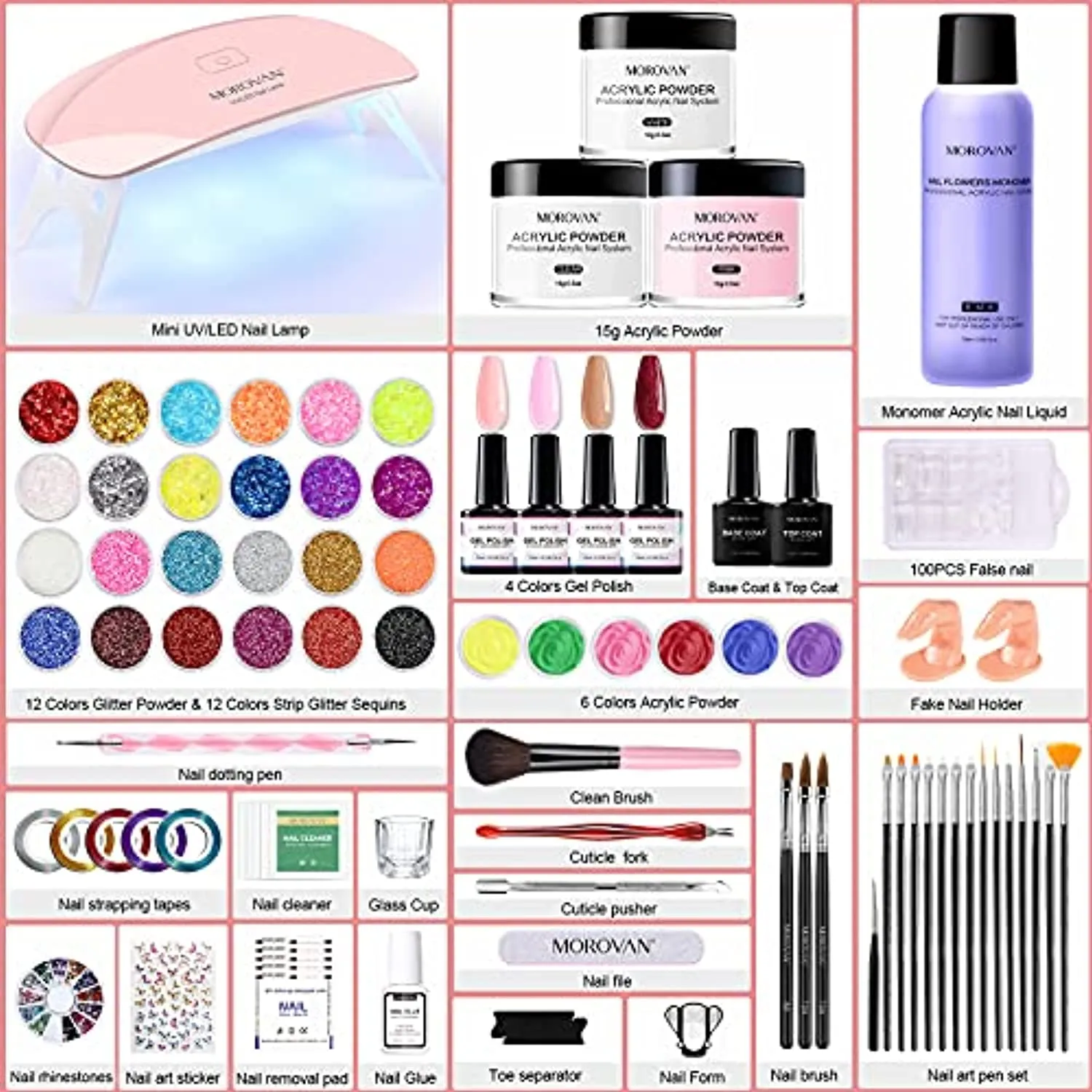 Morovan Acrylic Nail kit Acrylic Powder - 6 pcs Gel Nail Polish Kit with UV Light (6w) Glitter Liquid Monomer Nail Art Supplies for Acrylic Nails